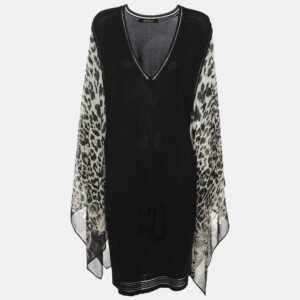 Roberto Cavalli Black Jersey and Animal Print Silk Dress L