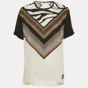 Roberto Cavalli White Printed Silk Short Sleeve Top M