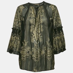 Roberto Cavalli Black Painted Silk A-Line Blouse L