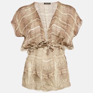 Roberto Cavalli Brown Snakeskin Print Silk Cinched Waist Top S