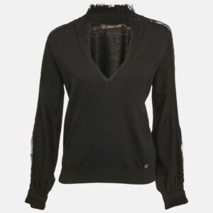 Roberto Cavalli Black Wool Ruffle Neck Detail V-Neck Sweater M