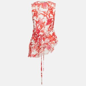 Roberto Cavalli Red Printed Silk Asymmetric Sleeveess Wrap Top S