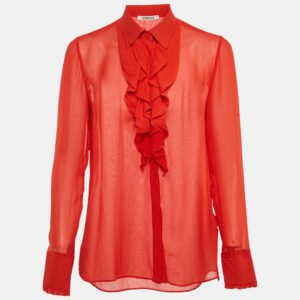 Roberto Cavalli Red Silk Chiffon Ruffle Neck Sheer Shirt S