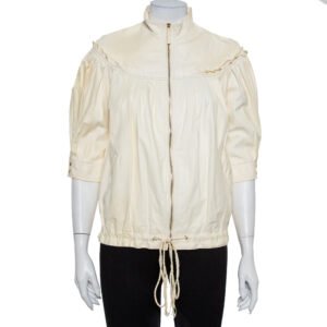 Roberto Cavalli Cream Leather Pleated Detail Zipper Front Jacket S