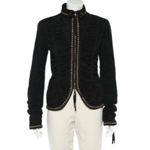 Roberto Cavalli Black Studded Suede Zip Front Ruched Jacket M