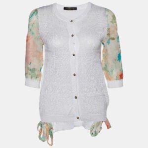 Roberto Cavalli White Perforated Knit & Printed Silk Sleeve Cardigan S