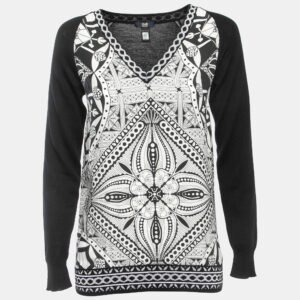 Class by Roberto Cavalli Black Wool & Printed Silk V-Neck Sweater S