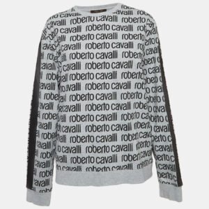 Roberto Cavalli Grey Logo Print Cotton Crew Neck Sweatshirt L