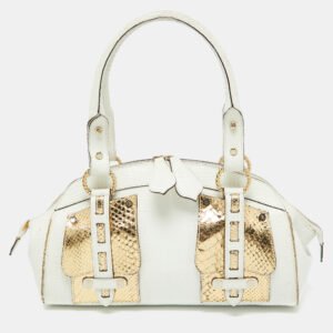 Roberto Cavalli White/Gold Croc Embossed Leather and Snakeskin Satchel