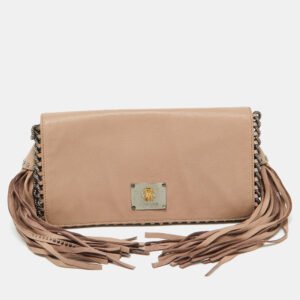 Roberto Cavalli Beige Leather Tassel Chain Link Clutch