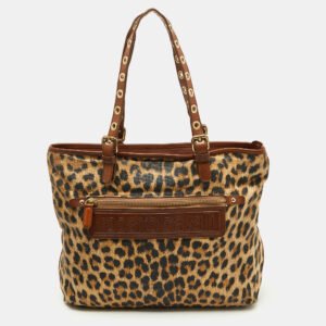 Roberto Cavalli Brown Leopard Print Straw and Leather Front Zip Tote