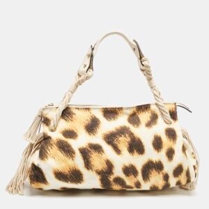 luxury-women-roberto-cavalli-used-handbags-p1148505-007 Roberto Cavalli White/Brown Leopard Print Canvas Tassel Hobo