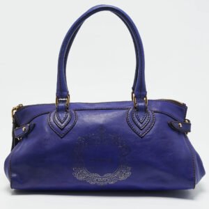 Roberto Cavalli Dark Blue Leather Logo Embossed Satchel