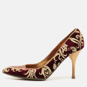 Roberto Cavalli Burgundy/Gold Leather and Velvet Round Toe Pumps Size 38.5