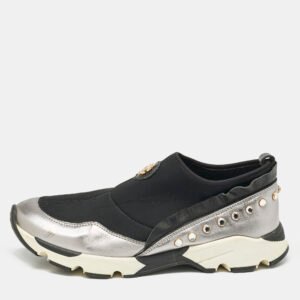 Roberto Cavalli Black/Silver Nylon and Leather Crystal Embellished Slip On Sneakers Size 38