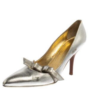 Roberto Cavalli Silver Leather Slip On Pointed Toe Pumps Size 38