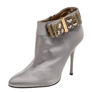 Roberto Cavalli Grey Satin Bow Embellished Ankle Length Boots Size 38