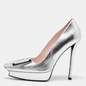 Roger Vivier Silver Leather Belle Vivier Trompette Platform Pumps Size 37