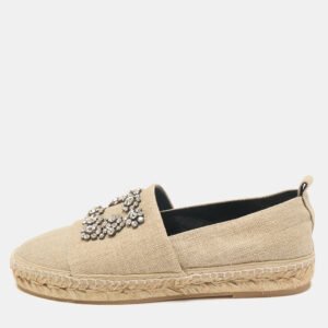 Roger Vivier Beige Canvas Crystal Embellished Espadrille Flats Size 36.5