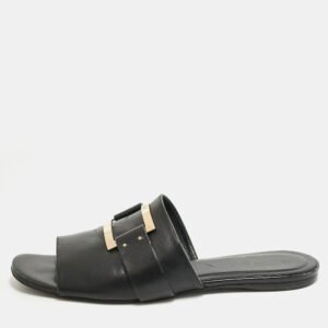 Roger Vivier Black Leather Buckle Flat Slides Size 41
