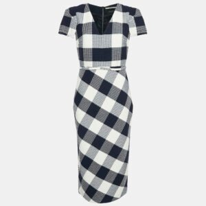 Roland Mouret Blue Chaney Checks Cotton Midi Dress M