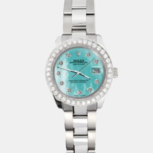 Rolex Custom Aquamarine Blue 1.6ct Diamonds Stainless Steel Datejust 178240 Automatic Women's Wristwatch 31mm