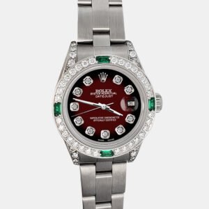 Rolex Custom Maroon Vignette 1.2ct Diamonds Emeralda Stainless Steel Datejust  Automatic Women's Wristwatch 26mm