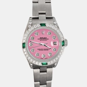 Rolex Custom Hot Pink 1.2ct Diamonds Emeralda Stainless Steel Datejust  Automatic Women's Wristwatch 26mm