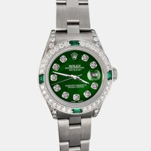 Rolex Custom Green 1.2ct Diamonds Emeralda Stainless Steel Datejust  Automatic Women's Wristwatch 26mm