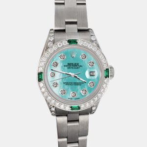 Rolex Custom Aquamarine 1.2ct Diamonds Emeralda Stainless Steel Datejust  Automatic Women's Wristwatch 26mm