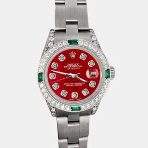 Rolex Custom Red 1.2ct Diamonds Emeralda Stainless Steel Datejust  Automatic Women's Wristwatch 26mm
