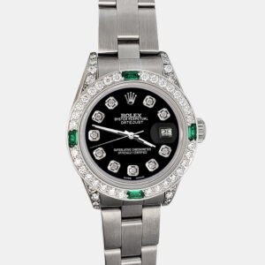 Rolex Custom Black 1.2ct Diamonds Emeralda Stainless Steel Datejust  Automatic Women's Wristwatch 26mm