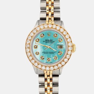 Rolex Custom Aquamarine 1.3ct Diamonds 18K Yellow Gold Stainless Steel Datejust  Automatic Women's Wristwatch 26mm