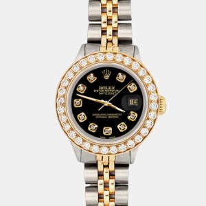 Rolex Custom Black 1.3ct Diamonds 18K Yellow Gold Stainless Steel Datejust  Automatic Women's Wristwatch 26mm
