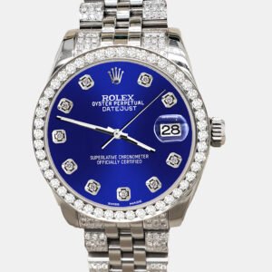 Rolex Custom Navy Blue 3.30ct Diamonds Stainless Steel Datejust 178240 Automatic Women's Wristwatch 31mm