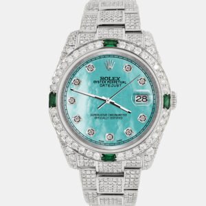 Rolex Custom Aquamarine 12.4ct Diamonds Stainless Steel Datejust  Automatic Men's Wristwatch 36mm