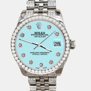 Rolex Custom Aqua Blue 3.30ct Diamonds Stainless Steel Datejust 178240 Automatic Women's Wristwatch 31mm