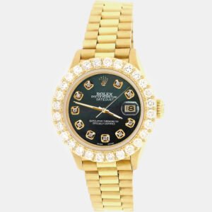 Rolex Custom Black 2ct Diamonds 18K Yellow Gold President Datejust  Automatic Women's Wristwatch 26mm
