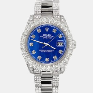 Rolex Custom Royal Blue 7.2ct Diamonds Stainless Steel Datejust 178240 Automatic Women's Wristwatch 31mm