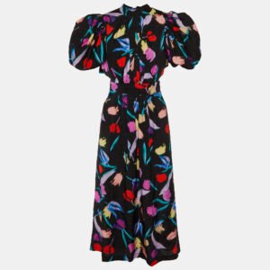 ROTATE Birger Christensen Black Floral Print Viscose Noon Midi Dress M