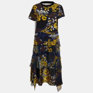 Sacai Navy Blue Floral Print Corduroy & Chiffon Top and Skirt Set S
