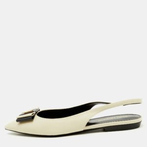 Saint Laurent White/Navy Blue Leather Anais Slingback Flats Size 37