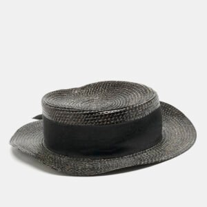Saint Laurent Paris Black Canotier Lacquered Straw Boater Hat S