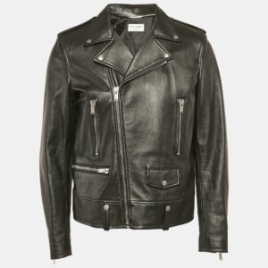 Saint Laurent Black Leather Studded Zip-Up Biker Jacket XL