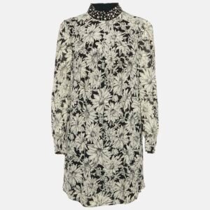 Saint Laurent Paris Black/Cream Floral Print Crepe Pleated Mini Dress S