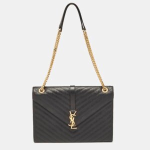 luxury-women-saint-laurent-paris-used-handbags-p1113576-002 Saint Laurent Black Chevron Leather Large Monogram Envelope Shoulder Bag