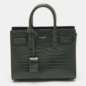 Saint Laurent Dark Green Croc Embossed Leather Nano Classic Sac De Jour Tote