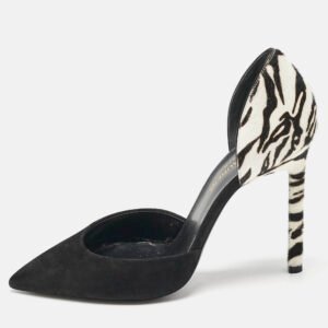 Saint Laurent Black/White Calf Hair and Suede Anja D'orsay Pumps Size 36