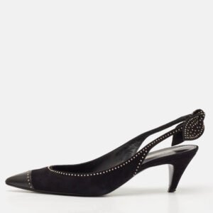 luxury-women-saint-laurent-paris-used-shoes-p1138279-010 Saint Laurent Black Leather and Suede Charlotte Studded Slingback Pumps Size 39.5