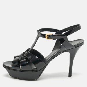 Saint Laurent Black Patent Leather Tribute Platform Sandals Size 38.5